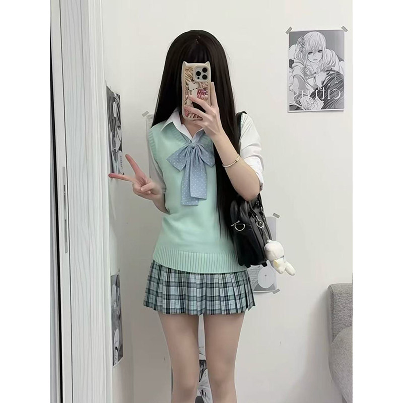 学院风穿搭针织衫V领背心马甲女百搭原创JK制服叠穿长袖白色衬衫