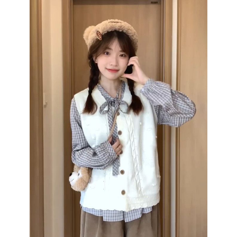 韩版甜妹学院风v领针织背心马甲开衫女叠穿格纹飘带衬衫两件套装