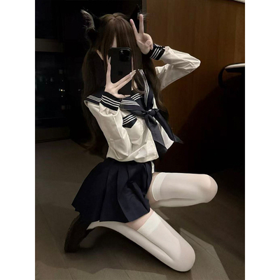 原创JK套装水手服jk制服绀领长袖短袖衬衫基础款三本JK中间服JK裙