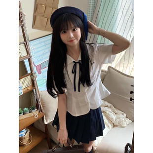 JK制服原创夏季 上衣甜美学院风绀色JK裙一整套 新品 娃娃领收腰衬衫