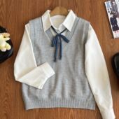 校供感学院风穿搭叠穿V领针织衫 马甲女JK制服背心毛衣新款 学院风