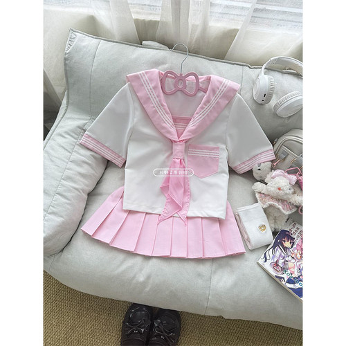 基础款时尚穿搭学院风多巴胺JK短袖衬衫校供感水手服中间服两件套