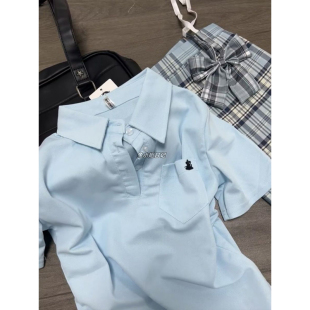 JK制服蓝色Polo衫短袖收腰校供感百搭运动风正肩T恤jk上衣夏季款