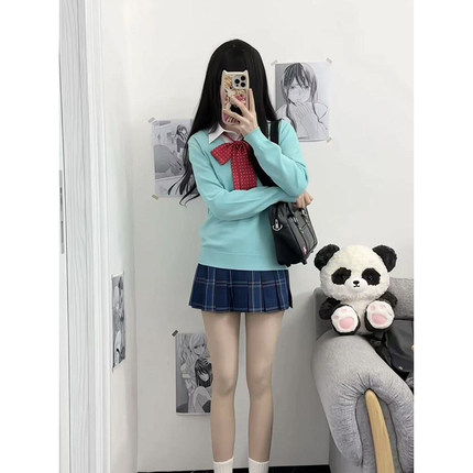 jk制服原创长袖V领套头针织毛衣叠穿白色衬衫百搭宽松小众基础款