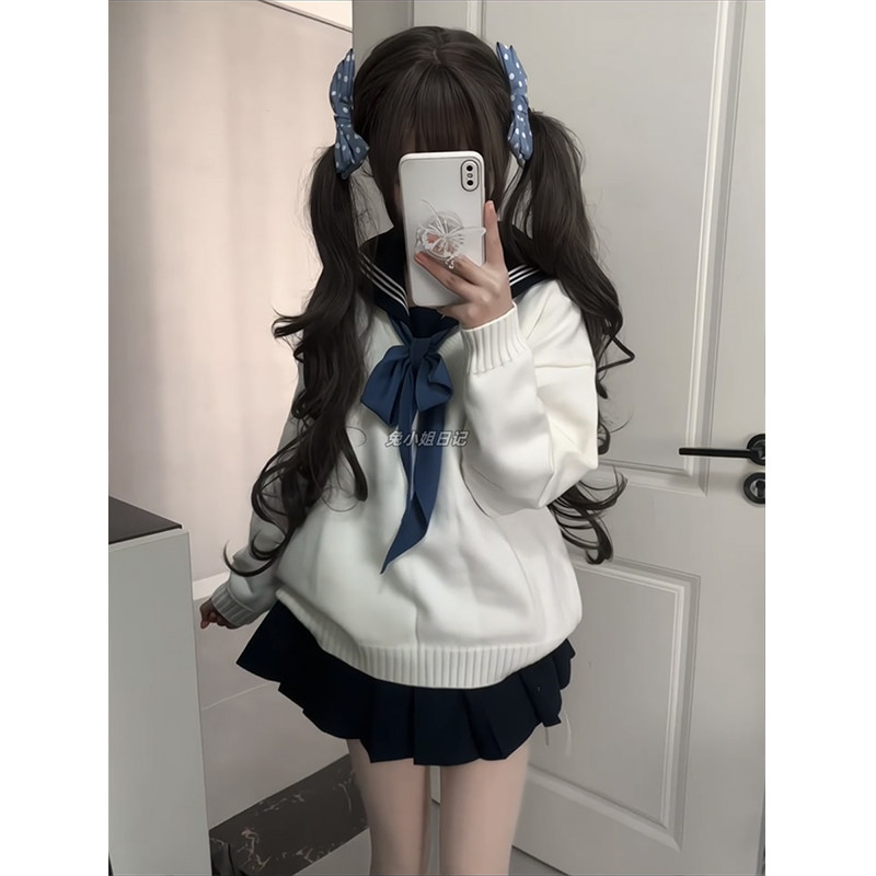 jk制服套头白色毛衣秋冬v领针织衫学院风穿搭慵懒百搭长袖上衣女