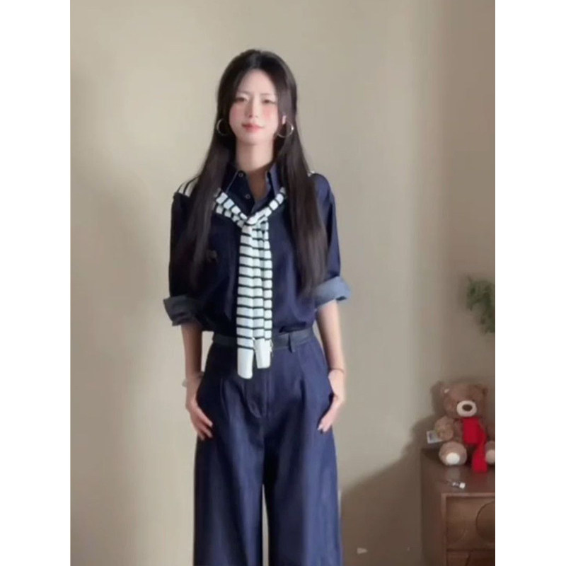 穿搭简约条纹披肩韩版长袖衬衫原创高腰阔腿长裤秋季甜酷风一整套,女装/女士精品,时尚套装,淘宝优惠券,粉丝福利购,淘宝优惠卷
