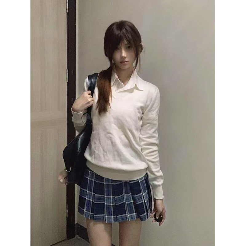 原创JK制服套装白色V领针织衫毛衣叠穿衬衫日系学院风小田凌短裙