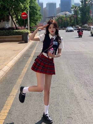 美式学院风甜辣格纹半身裙套装女马甲背心短款衬衣设计感高级洋气