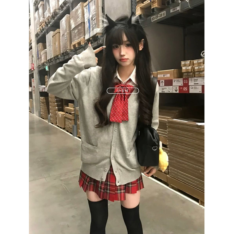 原创针织衫开衫长袖jk制服学院风外套日系毛衣宽松百搭小辣椒格裙