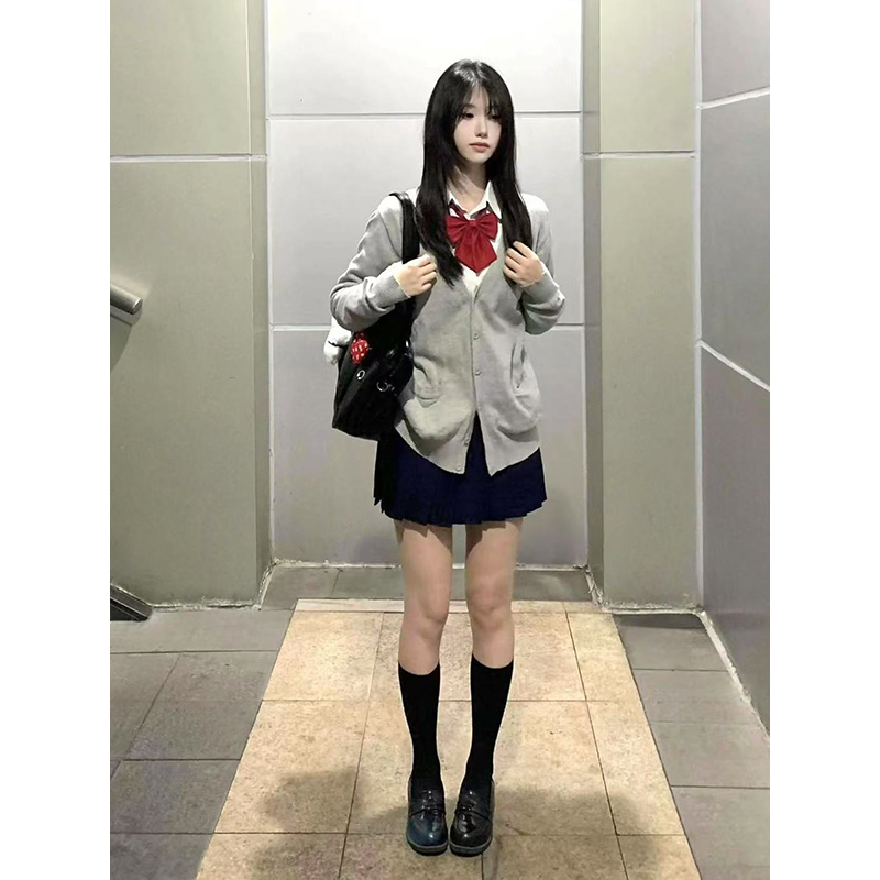 JK制服套装原创叠穿衬衫秋冬款V领针织衫开衫外套学院风百褶短裙