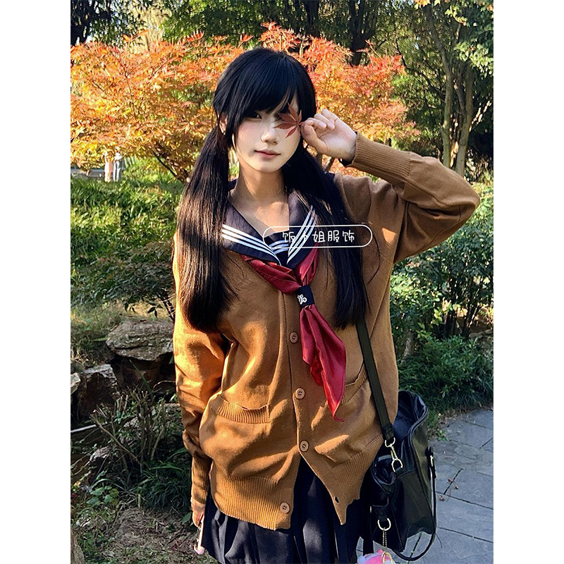 时尚绀领白长袖中间服叠穿开衫日系休闲小众校供感原创绀JK裙套装