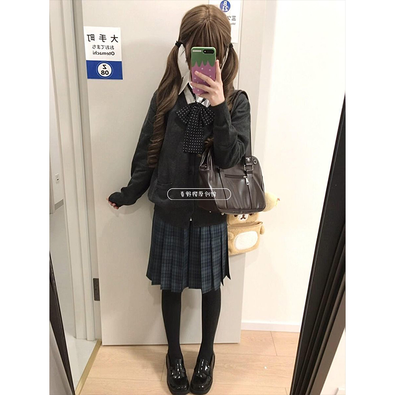 日系基础款百搭小众校供感长袖宽松衬衫叠穿开衫原创海苔中裙套装
