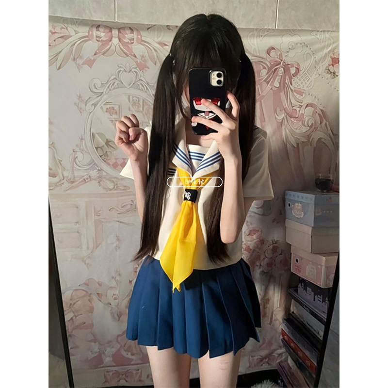 日系海军领蓝三本水手服上衣搭配蓝色百褶裙JK制服一整套套装女