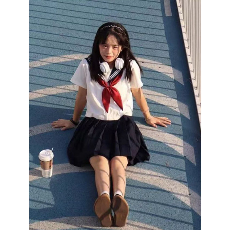 水手服原创学院风穿搭绀三本短袖衬衫女绀色JK裙校供感百搭春秋款