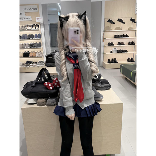 学院风日系灰色针织开衫外套三本叠穿水手服内搭软妹学生制服套装