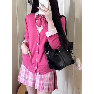 秋冬款针织衫V领玫红开衫外套叠穿粉色长袖衬衫百搭糖果JK裙套装