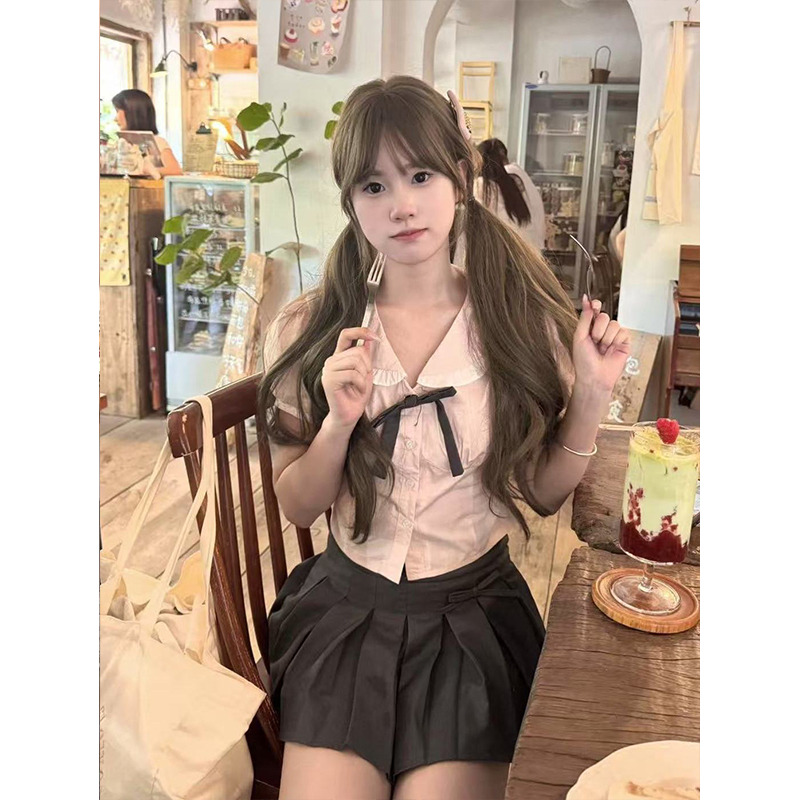 新款套装甜美学院风衬衫粉色短袖设计感韩系百搭百褶裙整套jk制服