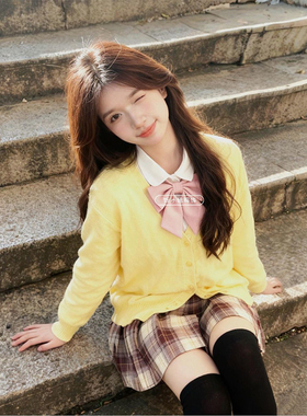 原创日系JK制服黄色针织长袖开衫毛衣百搭叠穿基础衬衫上衣三件套