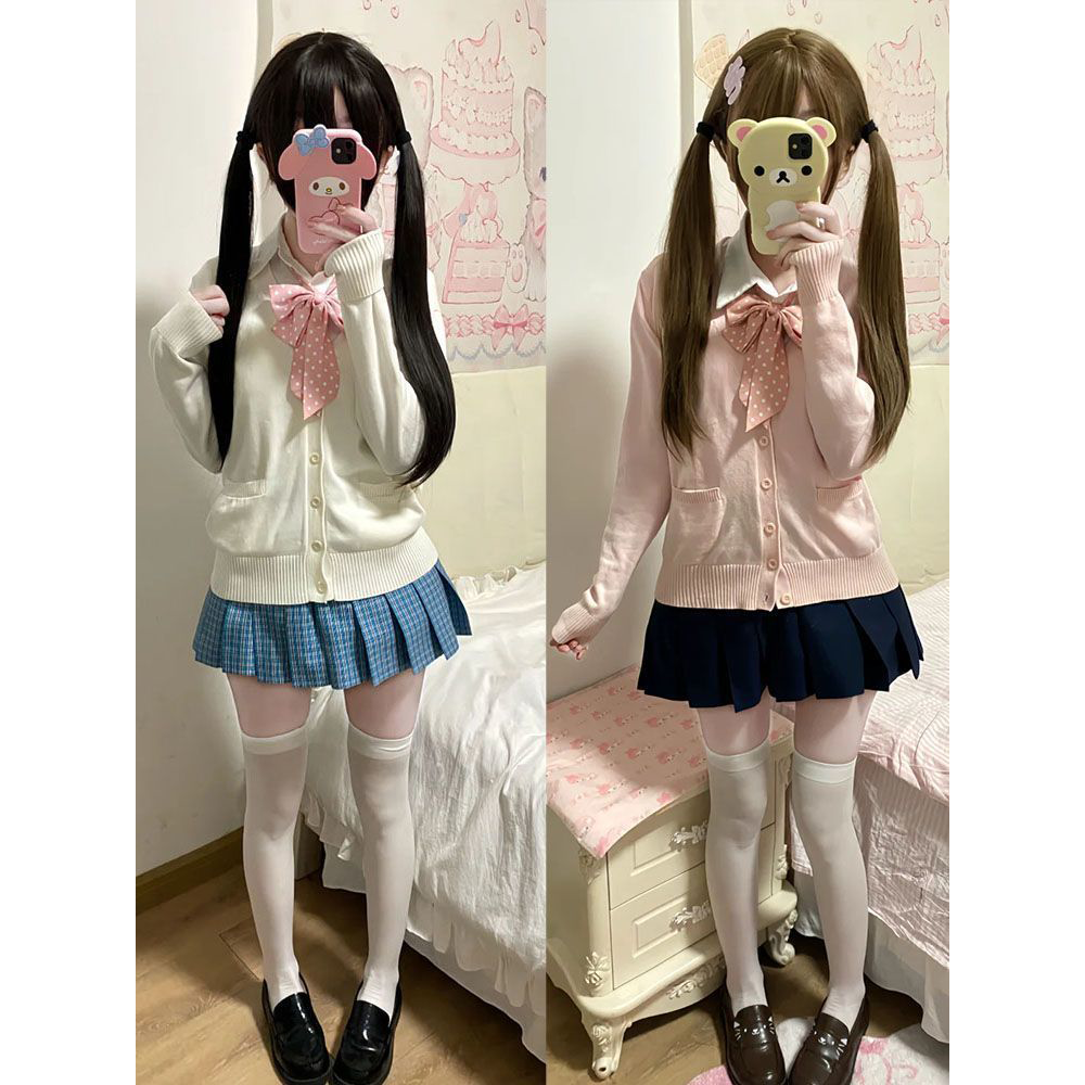 学院秋冬制服针织长袖开衫宽松显瘦百搭毛衣外套叠穿松蓝格裙套装