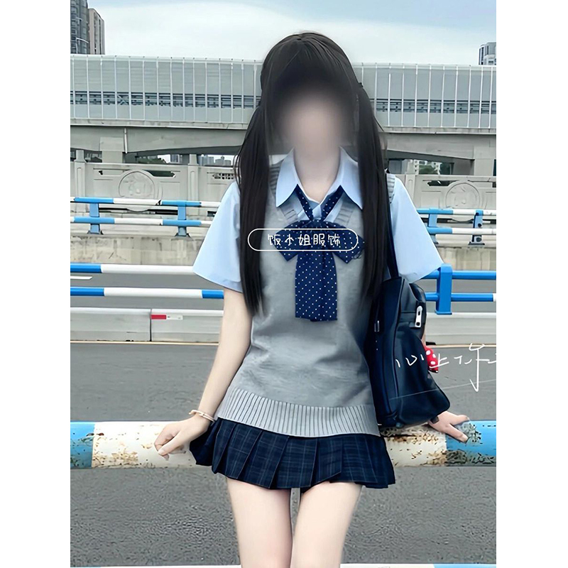 JK制服针织衫马甲背心套头v领毛衣学院内搭叠穿蓝色衬衫格裙套装