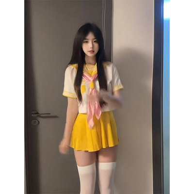 夏季款水手中间服学院校供感穿搭黄色浅蓝制服衬衫短裙原创JK套装