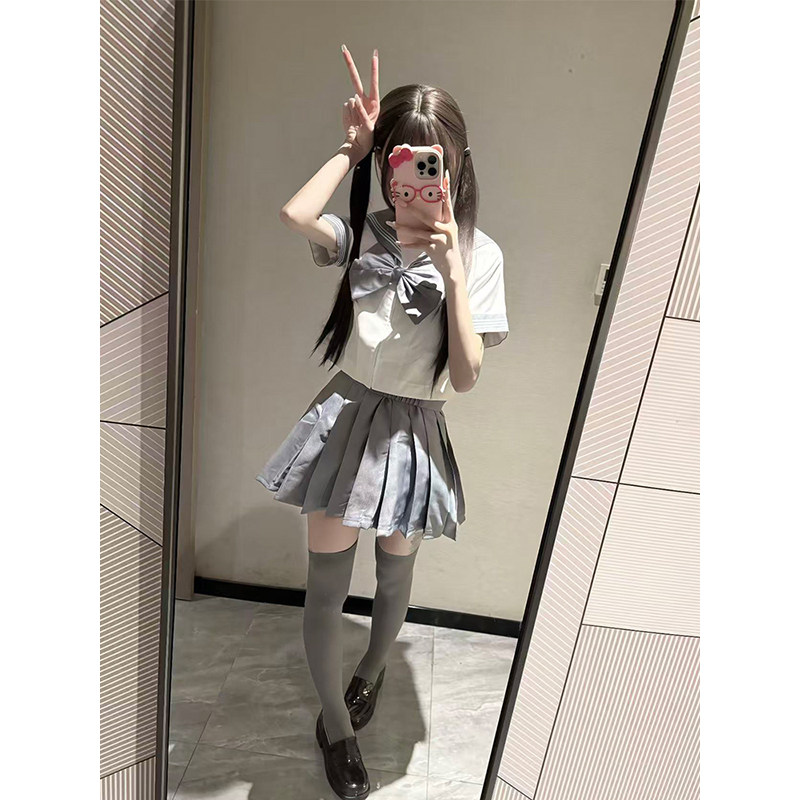 原创jk新款制服套装正统灰三本水手服长短袖衬衫JK学院短裙百褶裙