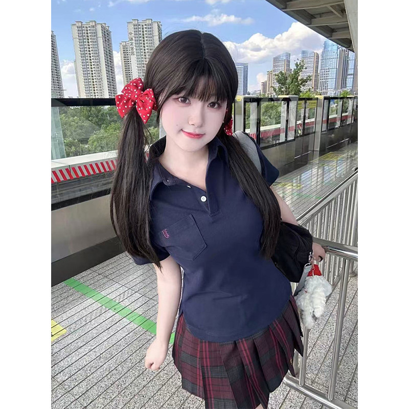 JK制服POLO衫夏季新品显腰细正肩T恤短袖辣妹上衣格裙搭配一整套图片