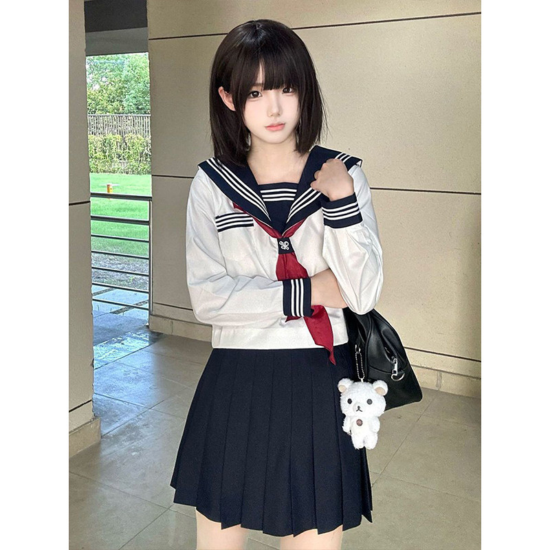 原创水手服jk制服裙一整套绀领长短袖衬衫基础款绀JK短裙全套装