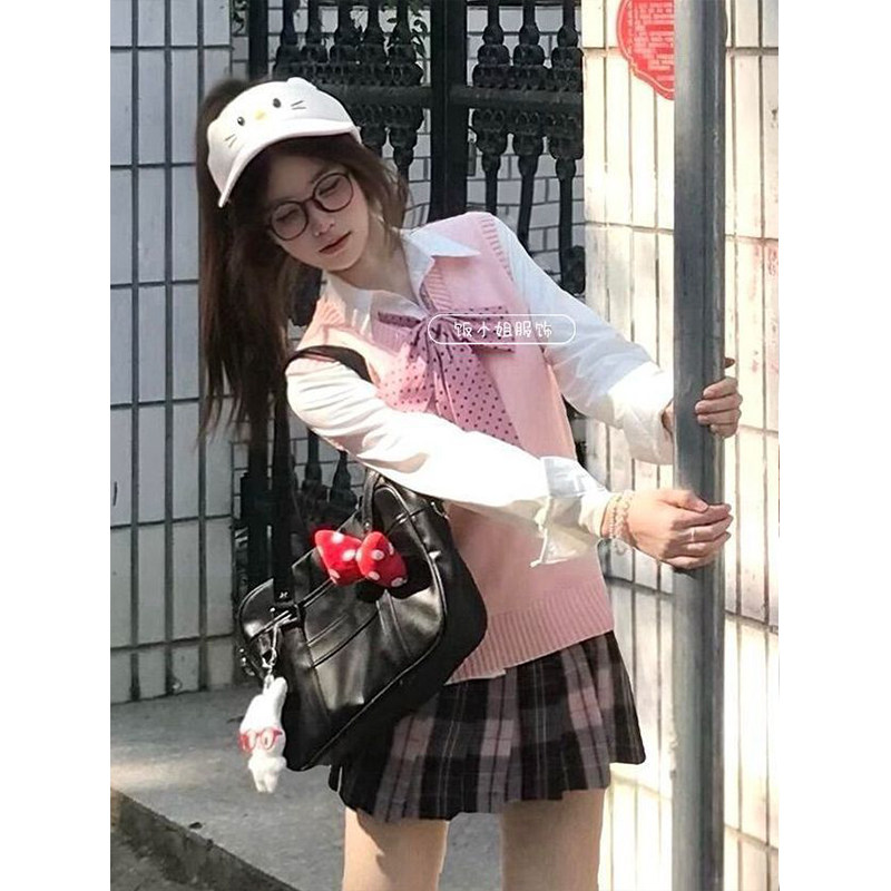 学院风穿搭粉色针织衫背心马甲叠穿基础款长袖衬衫校供感粉雾海裙,女装/女士精品,时尚套装,淘宝优惠券,粉丝福利购,淘宝优惠卷