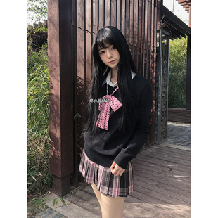 秋冬款黑色针织毛衣JK制服叠穿长袖基础款白色衬衫粉雾海裙一整套
