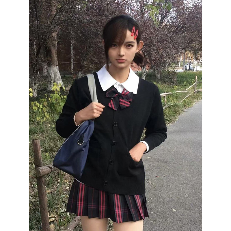 校供感套装V领针织开衫外套叠穿上衣宽松百搭新款德兰西裙慵懒风
