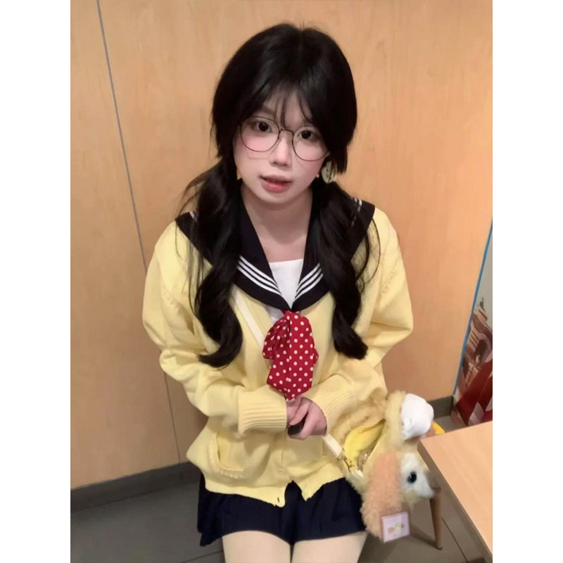 jk制服学院风V领针织衫开衫外套叠穿衬衫上衣水手服绀三本校供感
