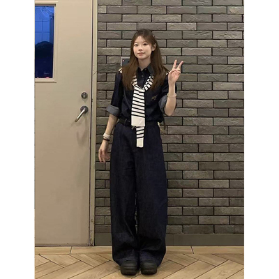 复古牛仔套装高腰宽松阔腿长裤三件套设计感条纹披肩韩系秋冬新款