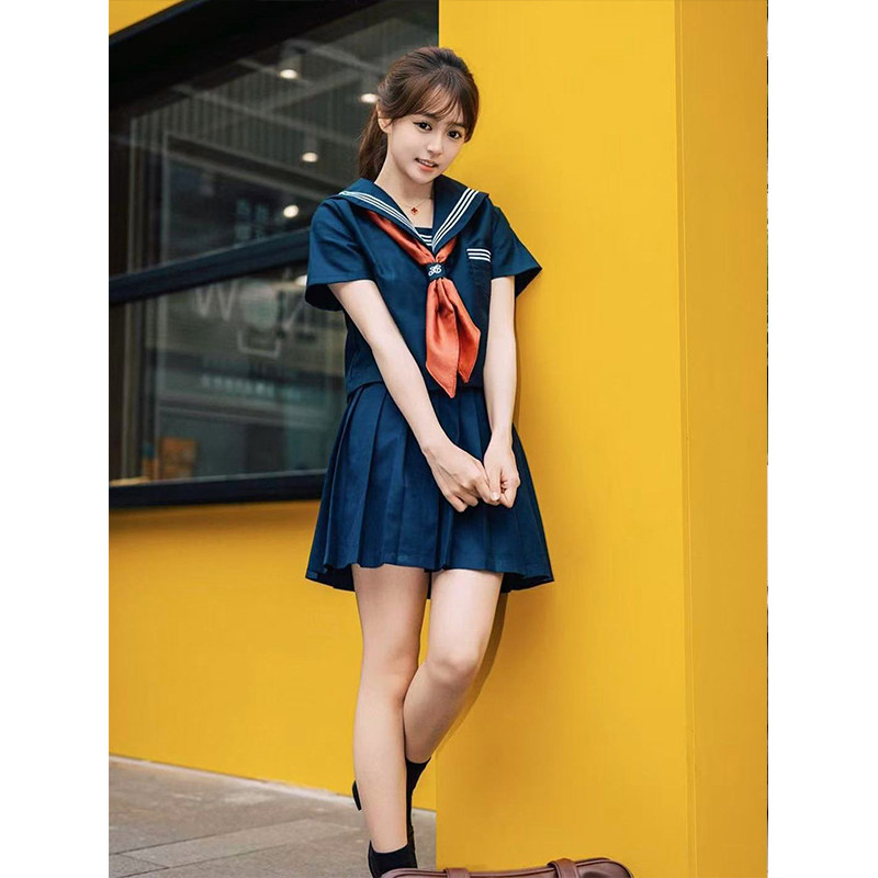 原创水手服日系中间服学院风穿搭绀领长短袖衬衫上衣新款绀JK短裙