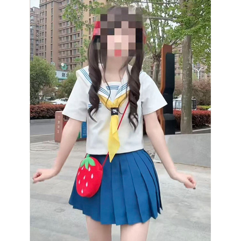 原创JK制服白领蓝三本水手服中间服甜美清新软妹学院校供感套装潮