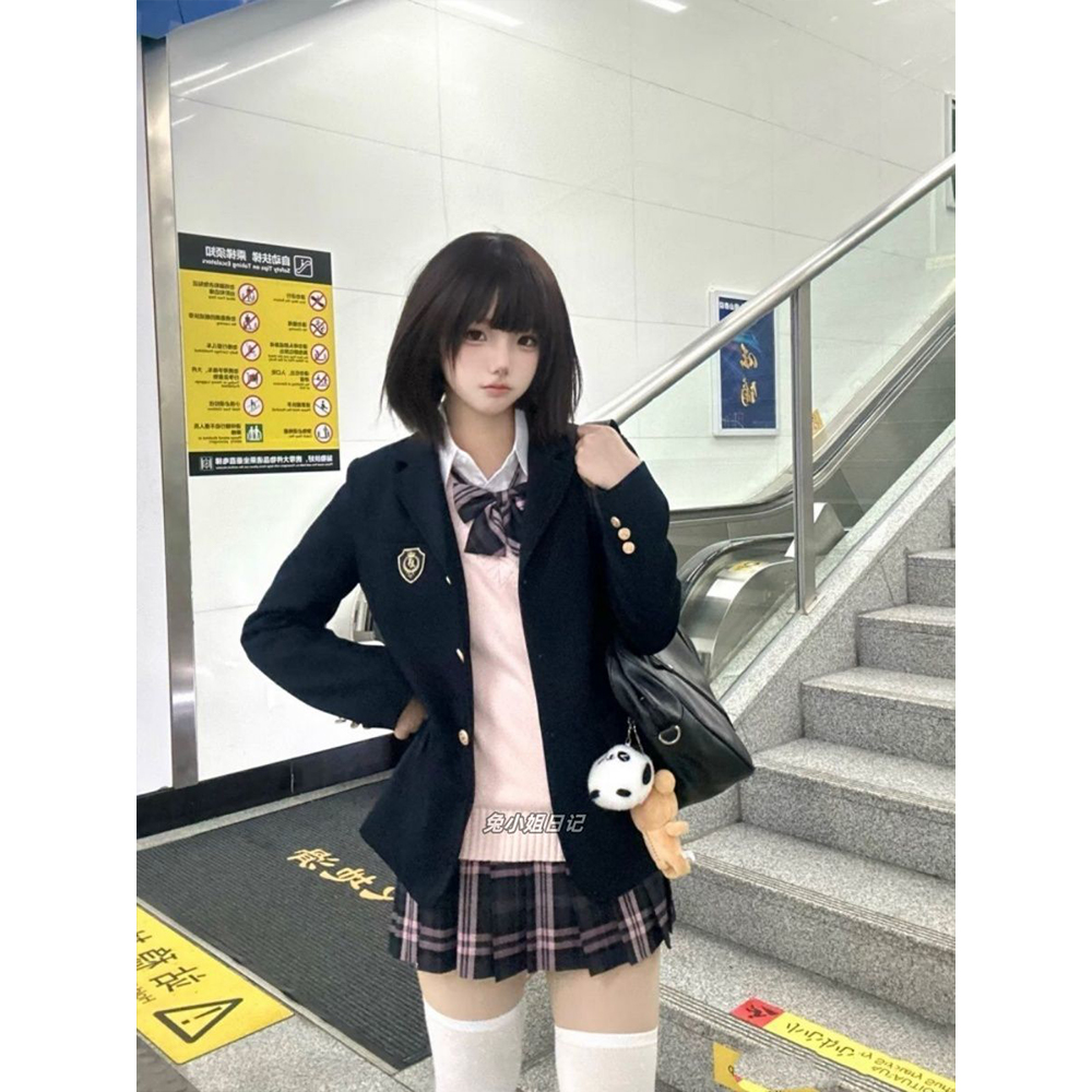 秋冬德兰西学院风JK格裙百搭针织衫背心V领毛衣套装西装外套女