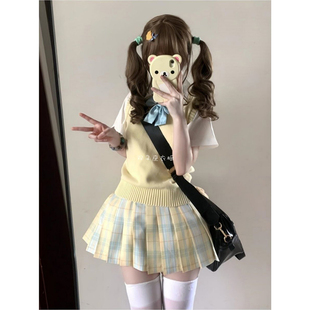 套装V领马甲针织背心纯色校供感学院风衬衫短袖JK制服柚月裙套装