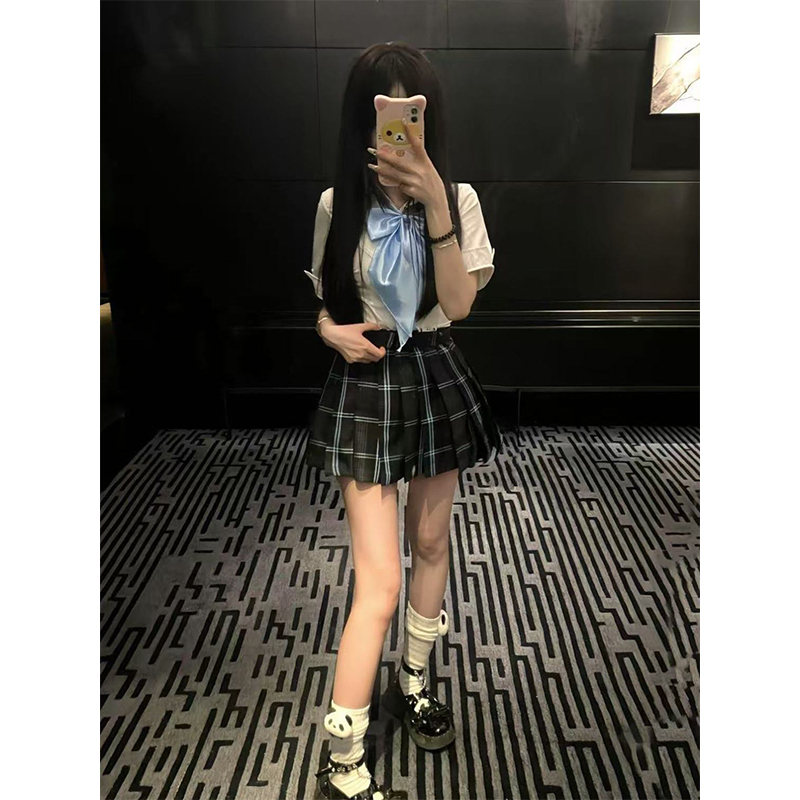 日系学院风衬衫短袖收腰百搭新款雾蓝溪格裙原创JK制服夏季款套装