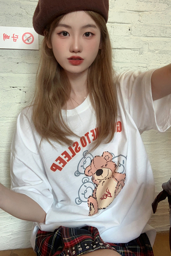 Real shot Korean version pure desire style college style cartoon bear print loose and versatile short sleeved t-shirt female