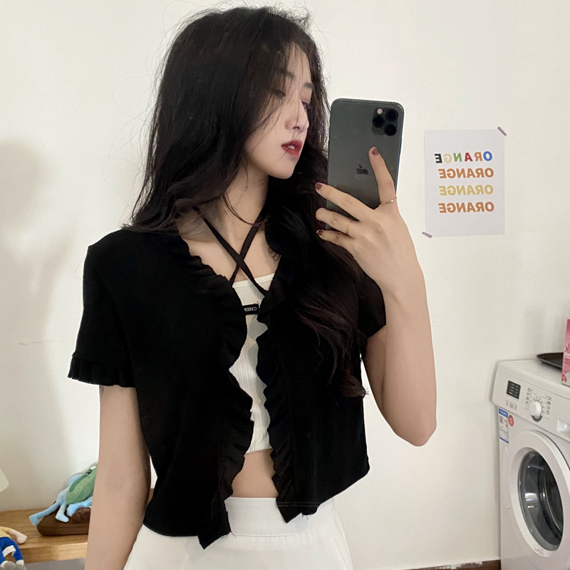 Actual photo quality inspection recommended design sense Ruffle lace up short short sleeve T-shirt sun suit cardigan top