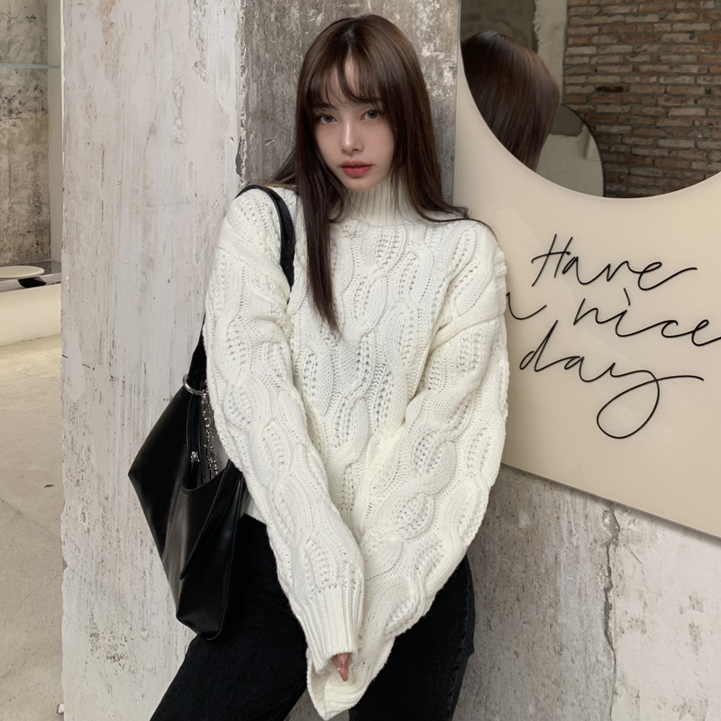 Real shot foreign style twist sweater autumn and winter loose Korean long sleeve short half high collar Knitted Top