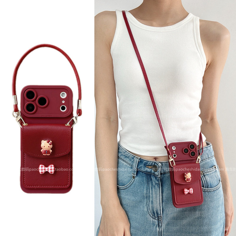 酒红色立体小熊蝴蝶结卡包手机壳适用华为mate80mate70保护套nova15Pro可斜挎背带畅享70x防摔p80带挂绳p70软