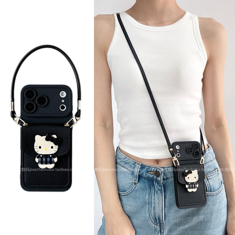 可斜挎背带经典黑卡通kt猫零钱卡包女款适用OPPOreno15保护套a6pro手机壳findx9pro防摔findx8x7带挂绳reno13