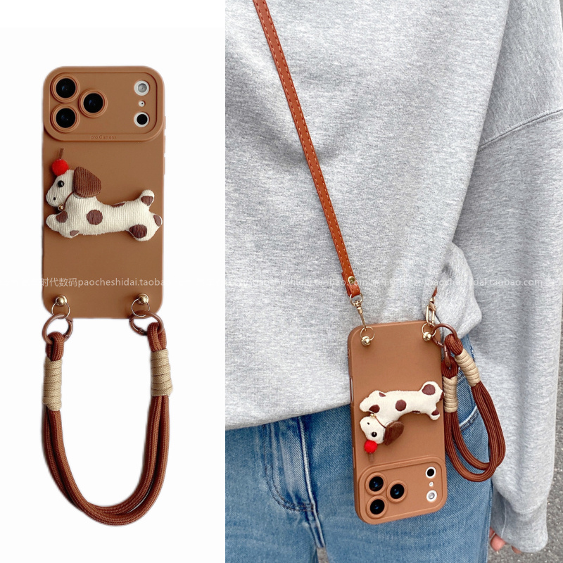 INS网红斑点狗可爱小公仔手拎绳适用opporeno15pro手机壳reno13斜挎挂绳findx9pro全包findx8奢华reno11软壳