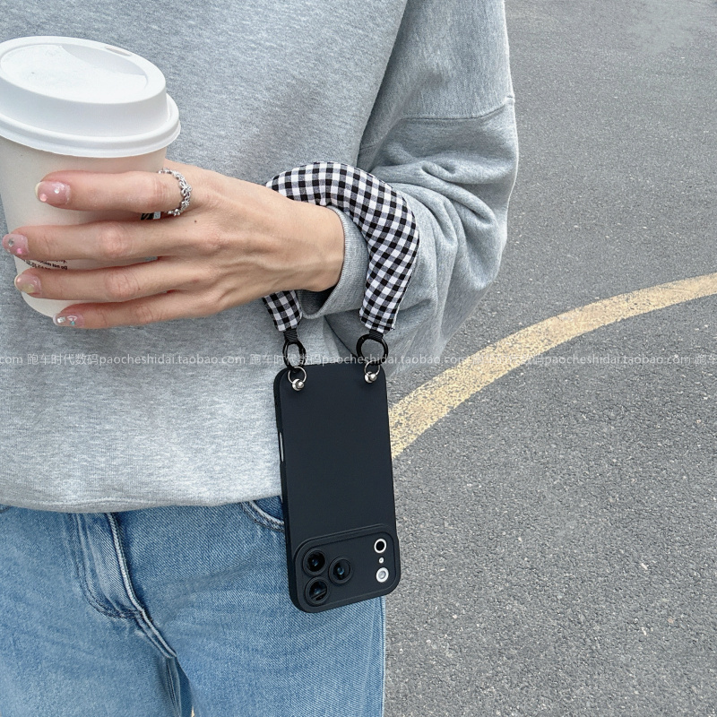 INS风黑白棋盘格手拎绳保护壳适用opporeno15pro手机壳reno14/13全包边findx9pro手提腕带款a5x软壳防摔a6女