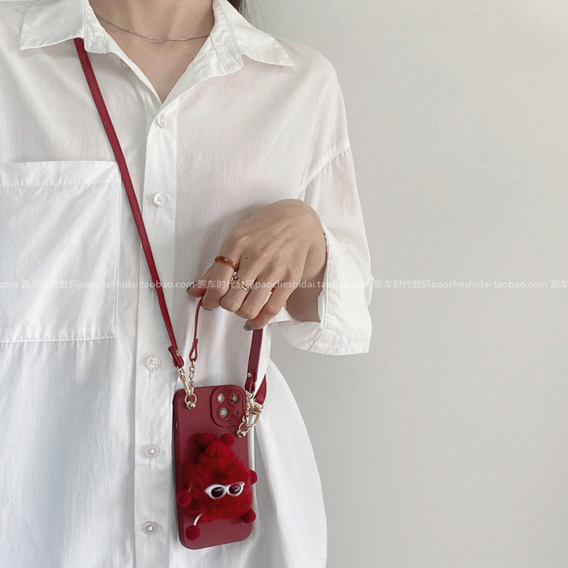 新款可爱酒红色煤球眼镜保护壳适用iPhone17promax苹果15手机壳16pro斜挎式13全包边14promax卡通11秋冬plus