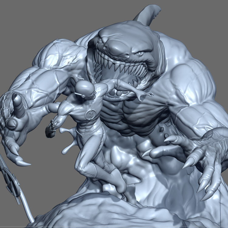 3d打印图纸模型素材STL闪电侠鲨鱼王高精手办雕刻圆雕图F1791