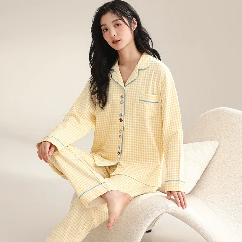 睡衣女夏季开衫长袖长裤套装夏天女士2025新款格子春秋冬款家居服