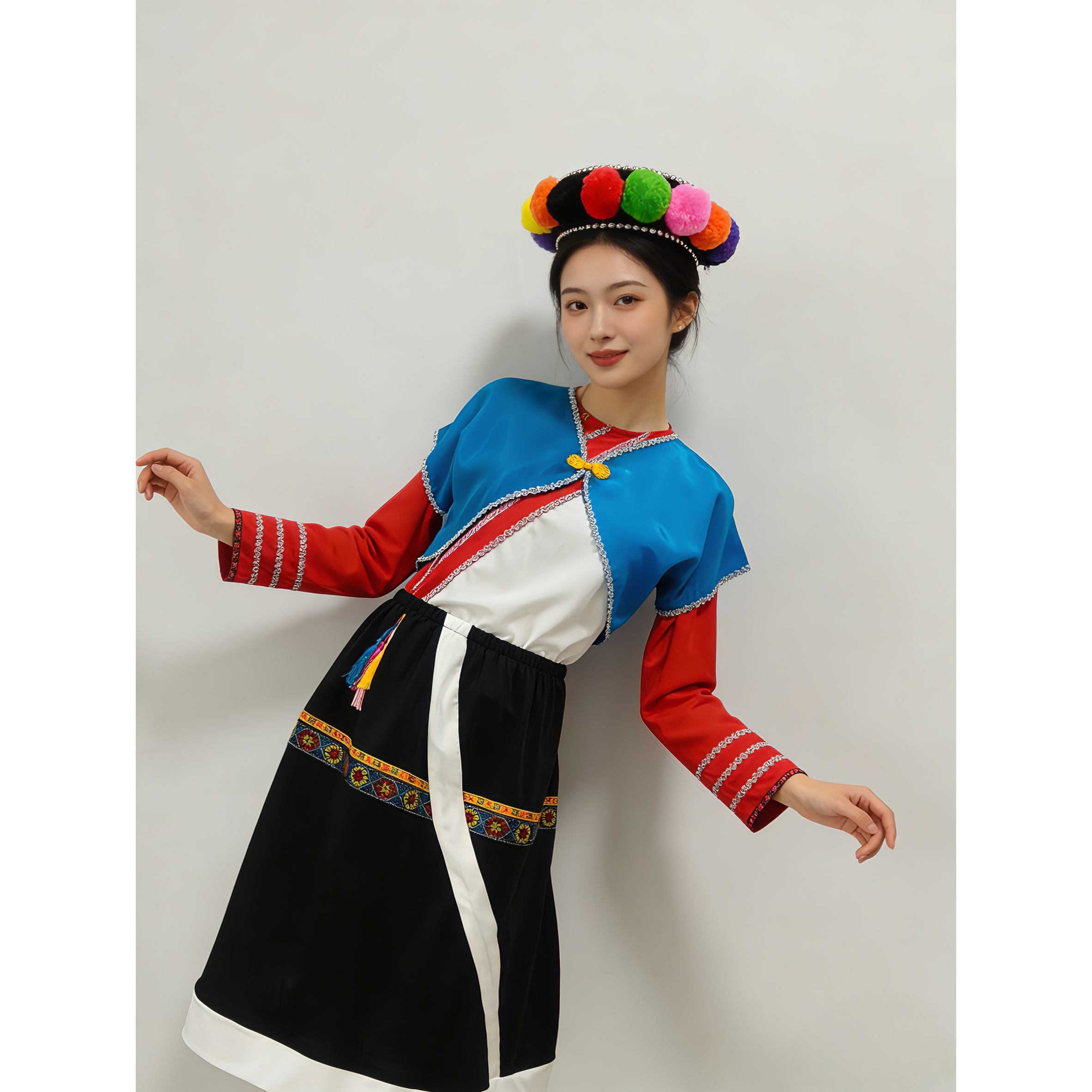 台湾高山族服装女成人演出服 七彩头饰民族舞蹈服 舞台表演服套装