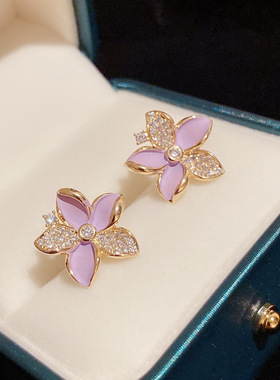小清新紫色花朵耳钉银针女小众设计感高级耳环2025年新款爆款耳饰